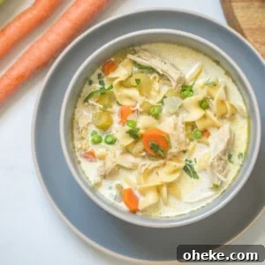Bowl of Creamy Instant Pot Turkey Noodle Soup topped with fresh parsley.