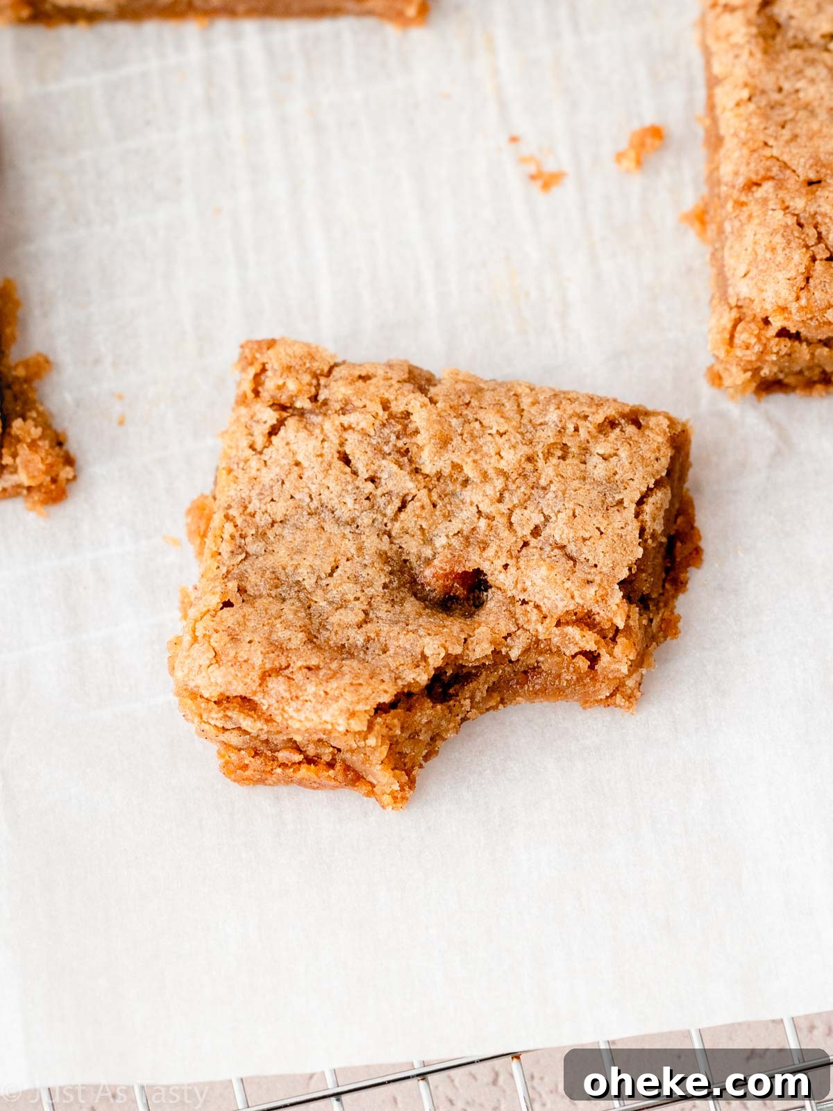 Apple blondie with a bite taken out.