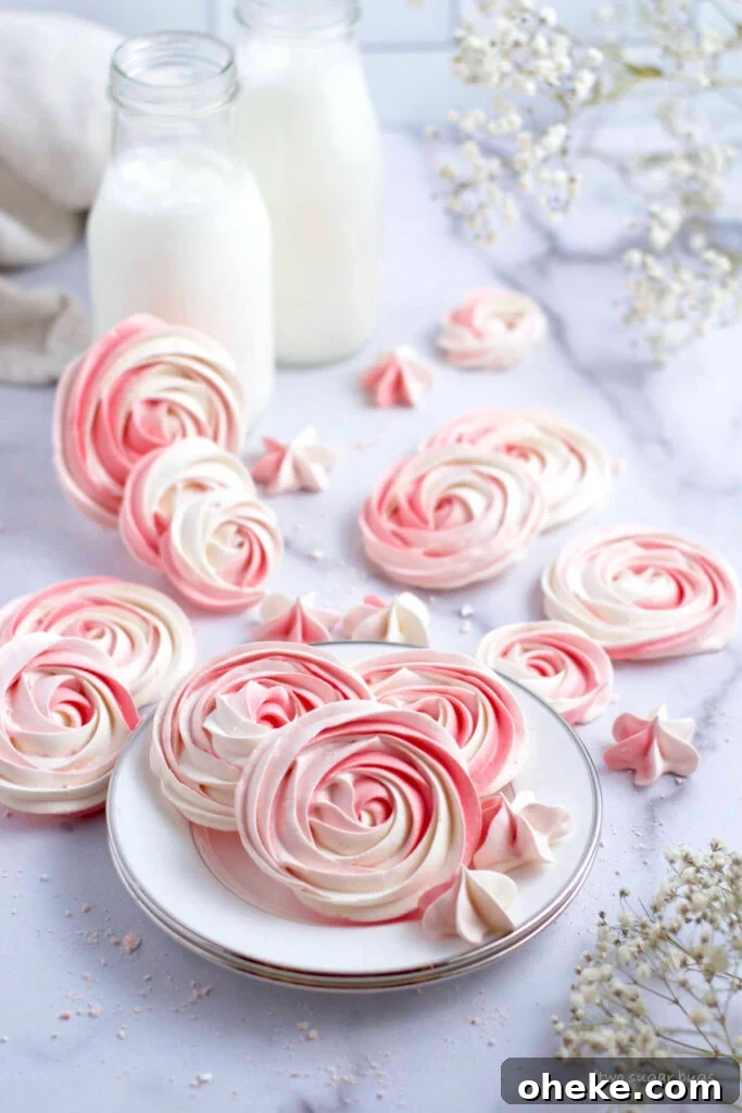 Crispy Meringue Cookies Without Cream of Tartar 16 pink colored cookies on a plate with milk