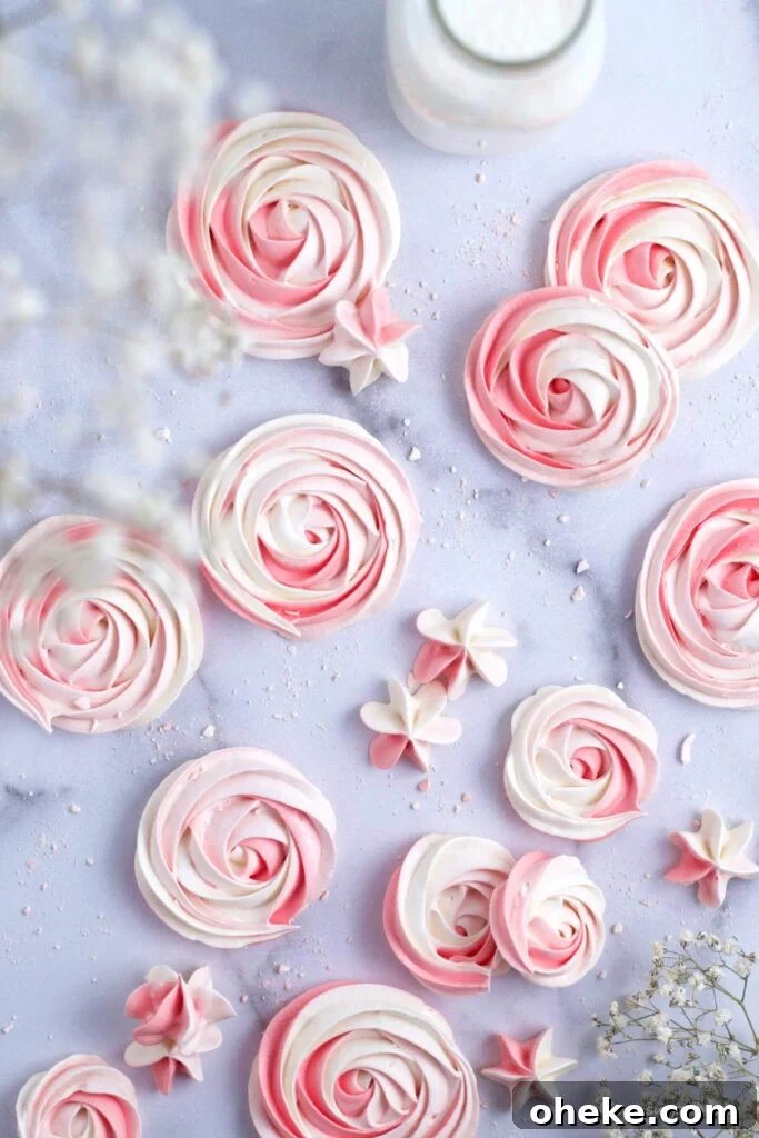 Crispy Meringue Cookies Without Cream of Tartar 5 pink swirled meringue cookie rosettes and stars