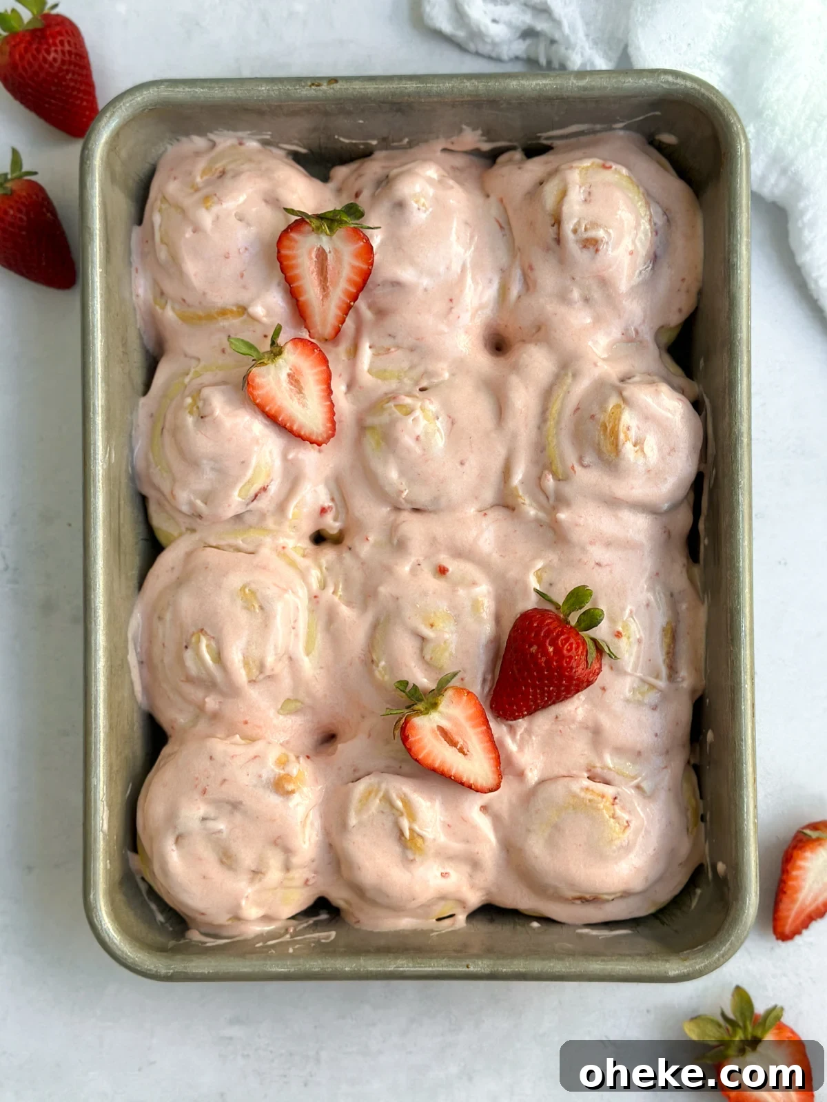 Strawberry Cinnamon Roll Recipe — Soft, Gooey Strawberry Swirls 2 the whole pan of strawberry cinnamon rolls.