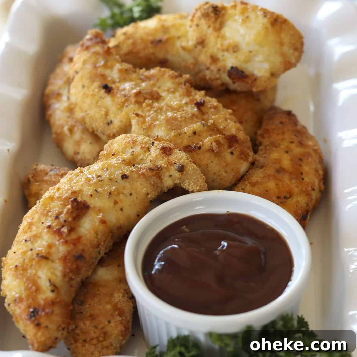 square closeup image of chicken tenders on a white plate with a side of bbq sauce just ready for dipping.