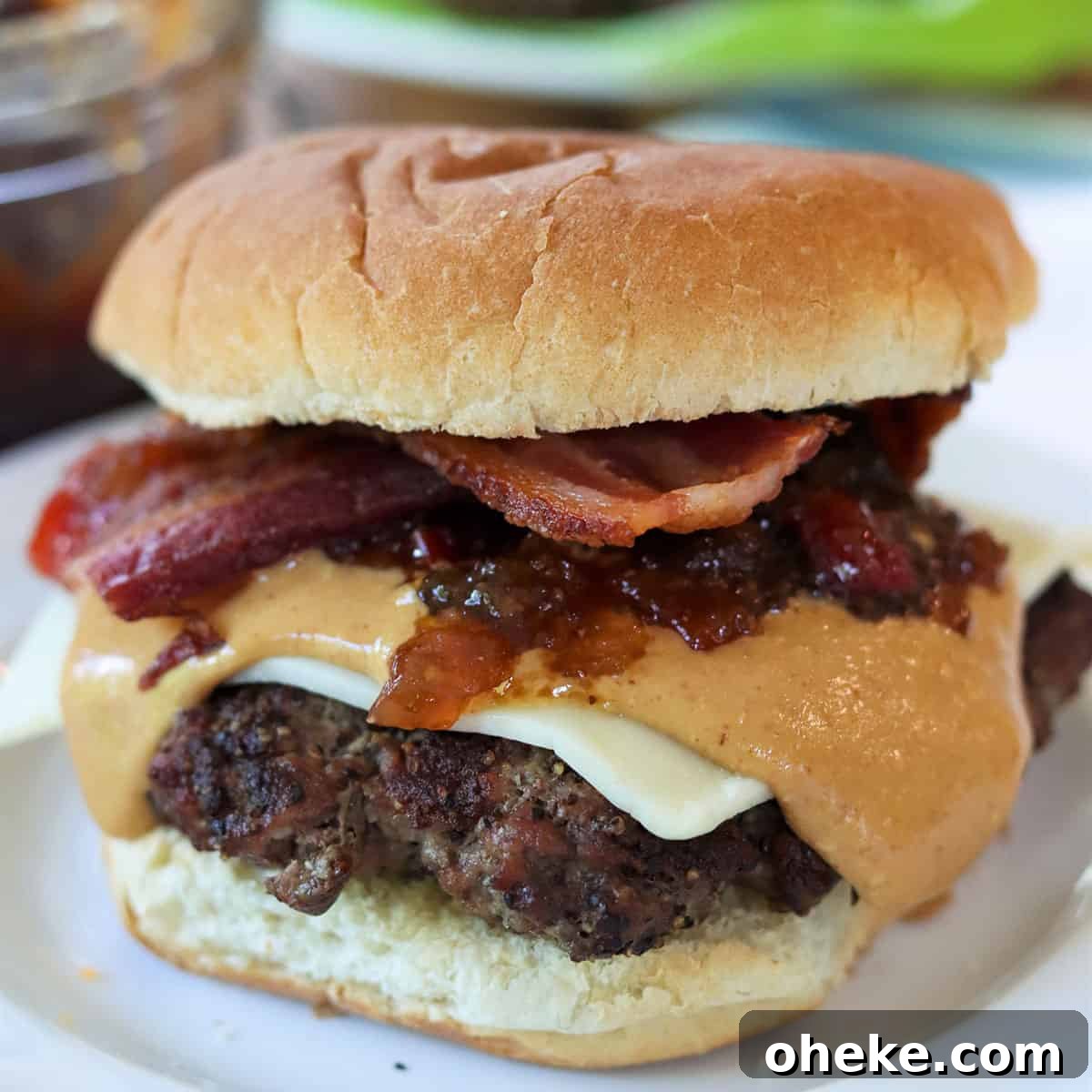 peanut butter burger with bacon, peanut butter, pepper jack cheese, and spicy 'n sweet pepper relish