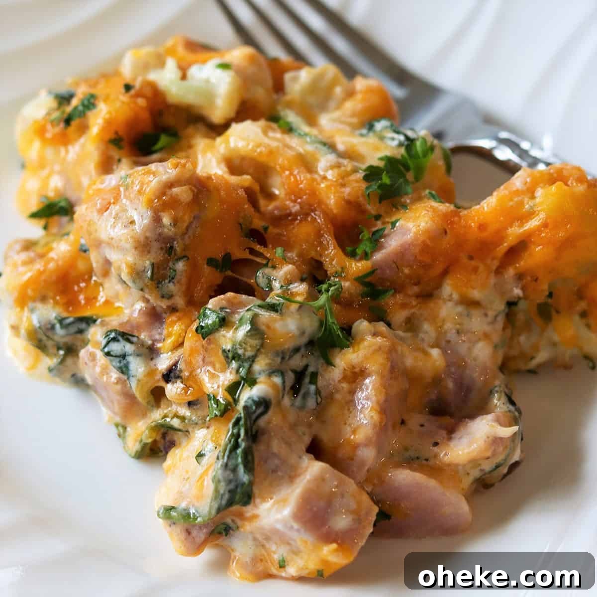 Feature image of a very closeup view of leftover ham casserole served on a white plate.