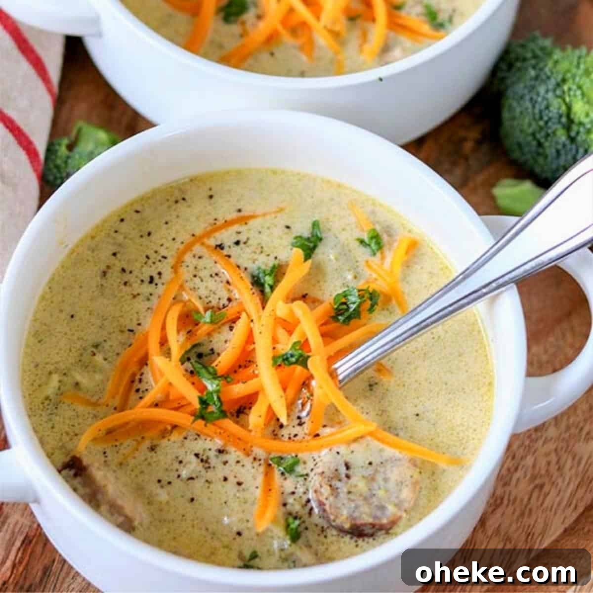 a bowl of cheesy keto broccoli soup with beer and bratwurst