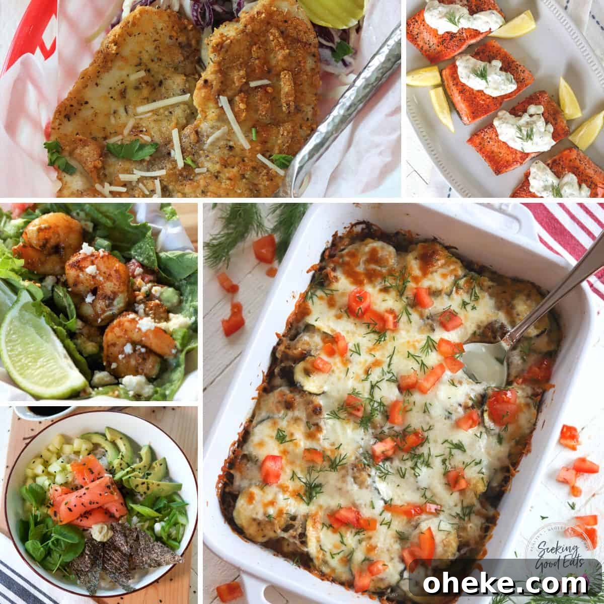 A compilation of five fish and shellfish keto dinner recipes.