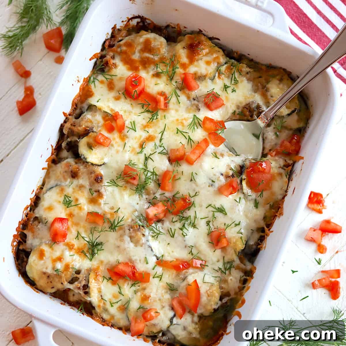 Baked low carb tuna casserole in a white casserole dish.