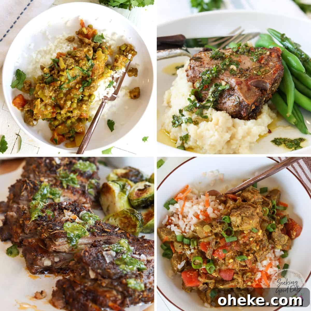 Four lamb keto dinner recipes served on white plates.