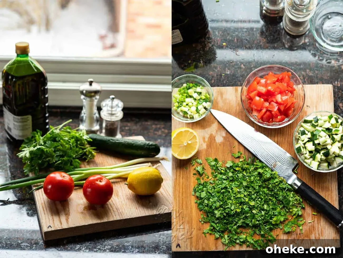 Kale and Quinoa Tabbouleh Salad with Lemon Herb Dressing 2 Two images of fresh ingredients for tabbouleh, on right the ingredients are chopped and prepped