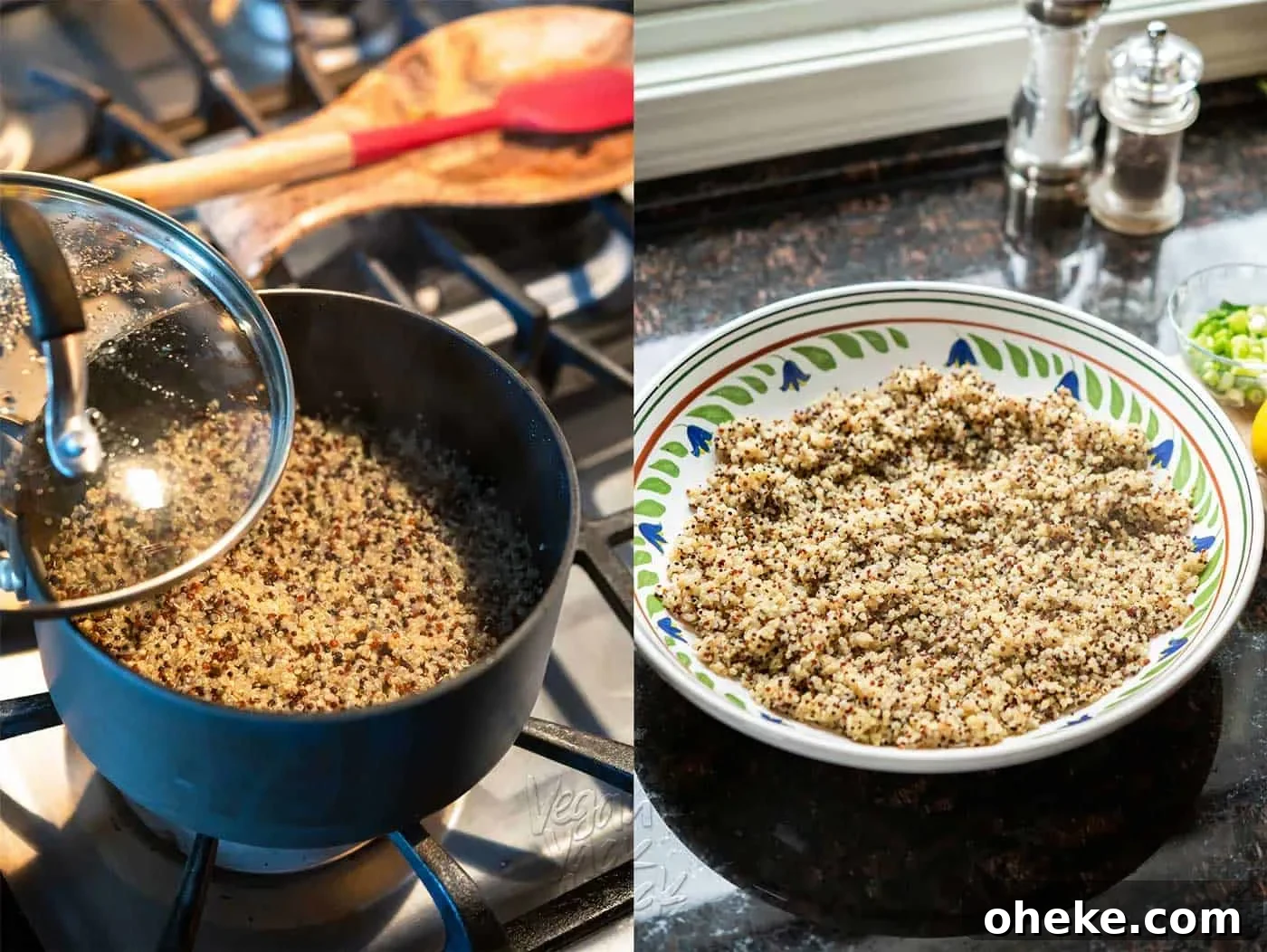 Kale and Quinoa Tabbouleh Salad with Lemon Herb Dressing 3 Left image: cooking quinoa in a pot, Right image: Cooked quinoa, fluffed, in a large bowl