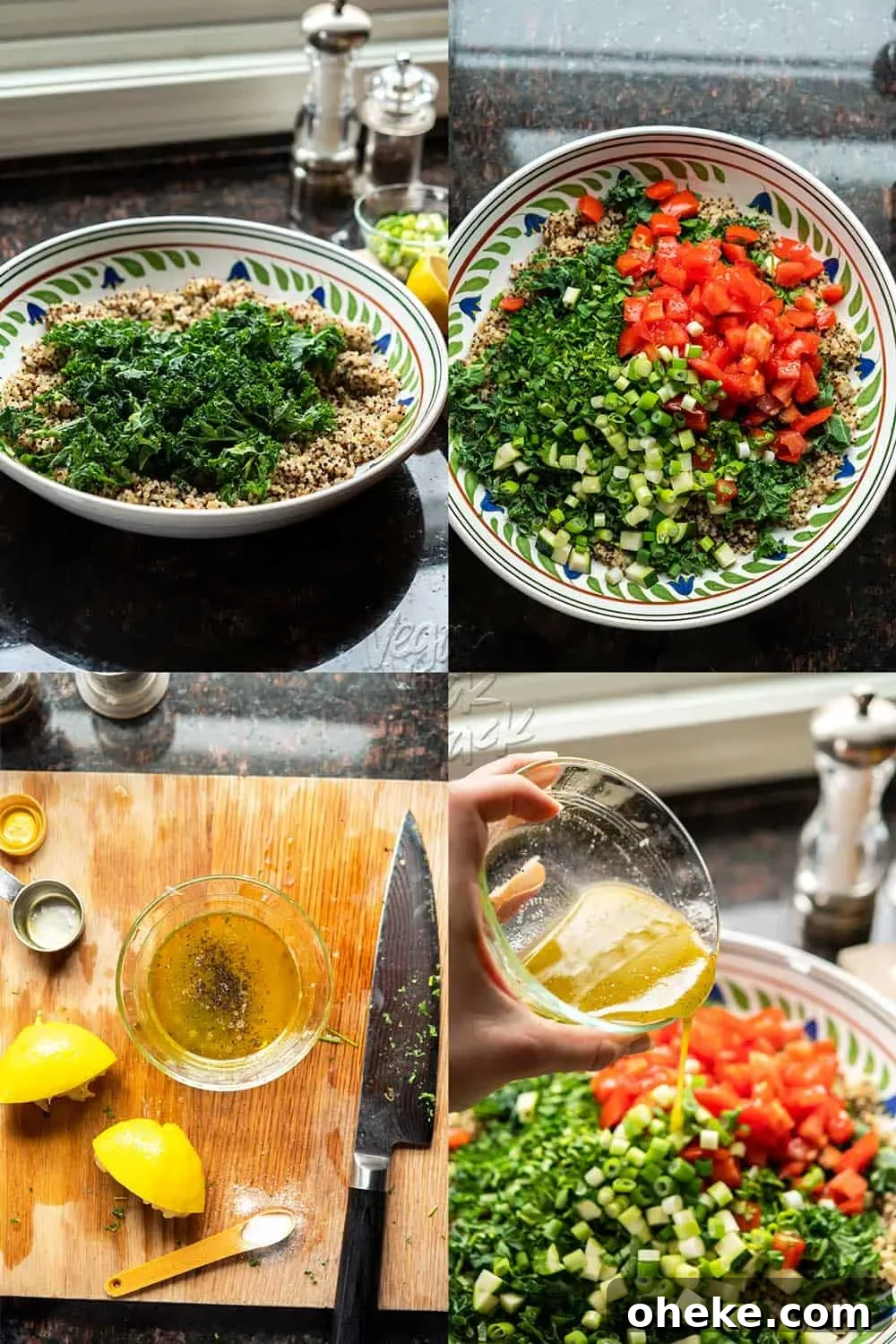 Kale and Quinoa Tabbouleh Salad with Lemon Herb Dressing 4 Image collage: combining quinoa and kale, then adding more ingredients and dressing