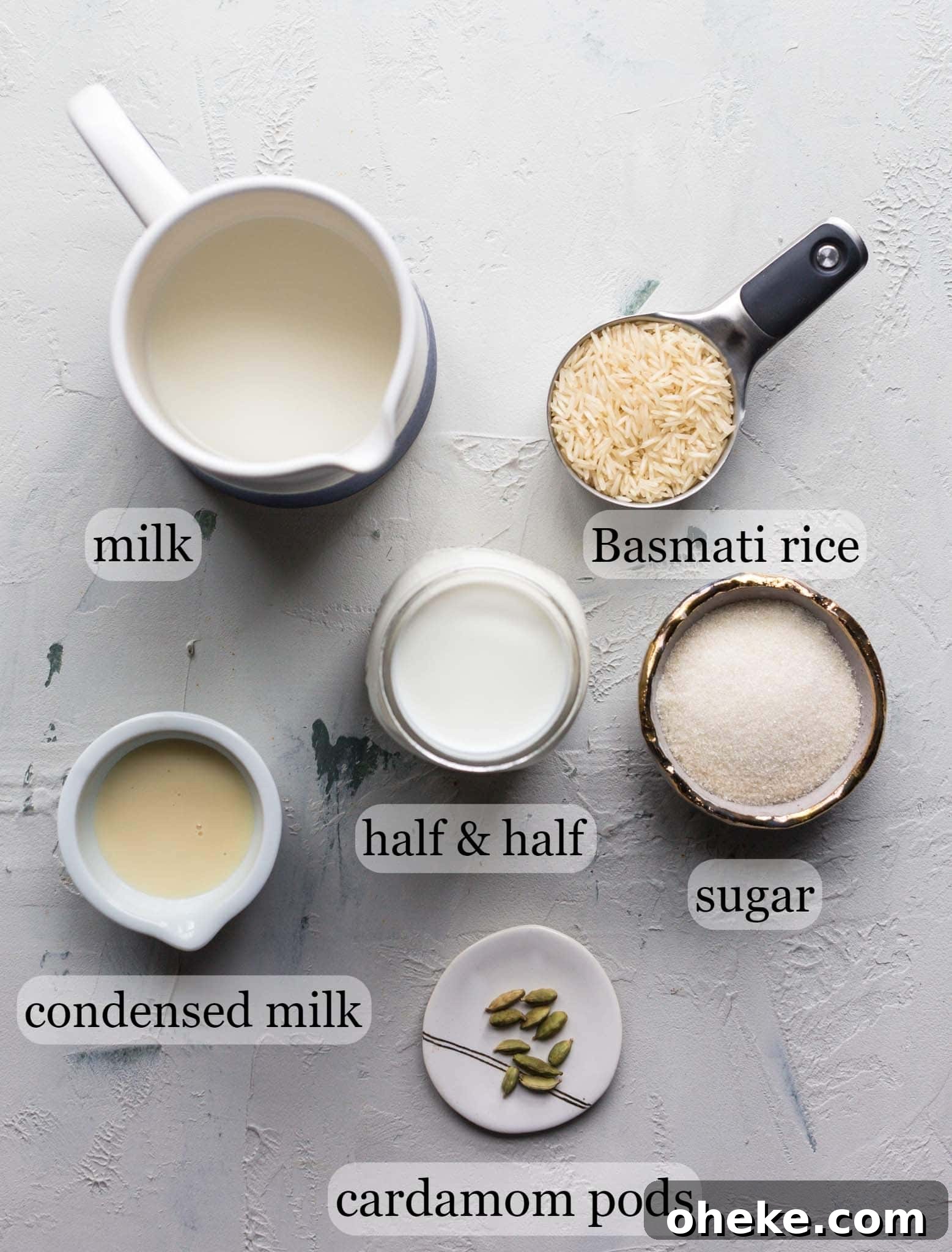 Creamy Instant Pot Kheer Recipe – Quick & Authentic Guide 3 Instant Pot Kheer Recipe Ingredients - condensed milk, milk, half and half, rice, sugar, and green cardamom