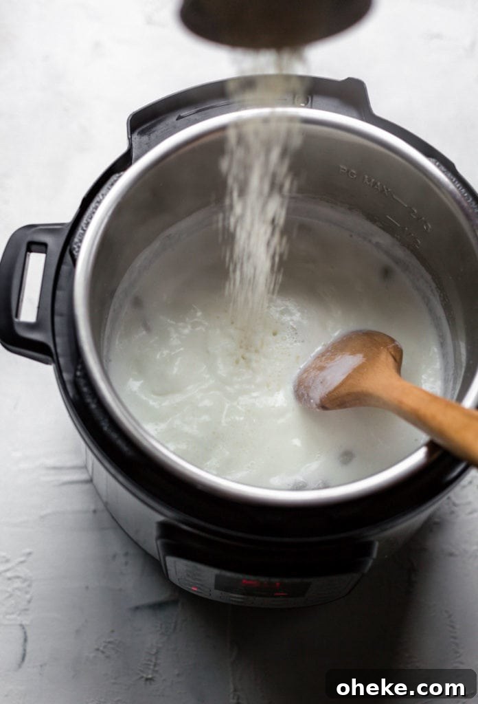 Creamy Instant Pot Kheer Recipe – Quick & Authentic Guide 7 Adding rice to boiling milk and half and half in the Instant Pot