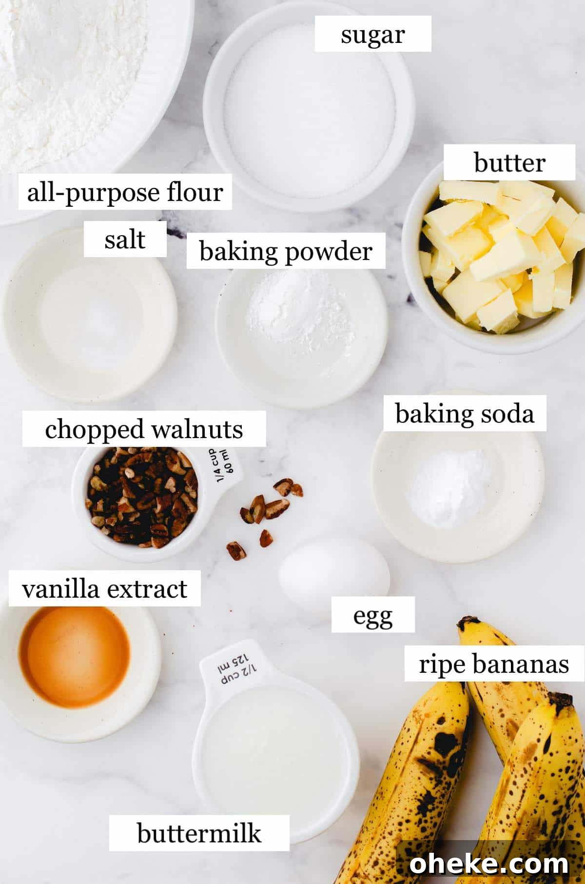 Moist Buttermilk Banana Bread Recipe with Brown Butter Glaze 3 The ingredients in buttermilk banana bread laid out and labeled.