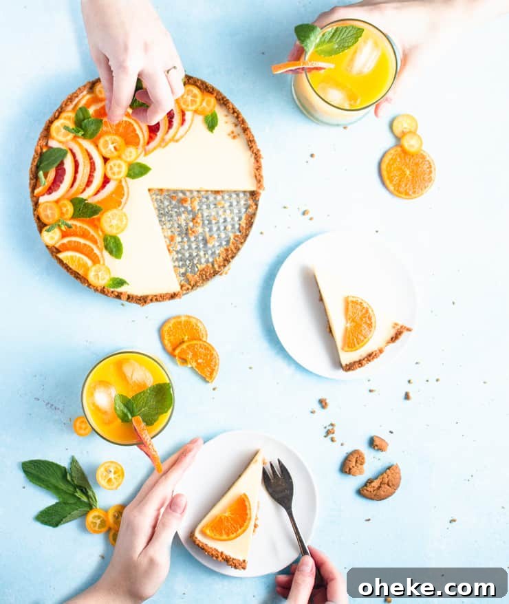 Gluten-Free Gingersnap Tangerine No-Bake Tart Recipe 5 sliced pieces of tart around the larger tart with hands peaking in from the sides to take the plates