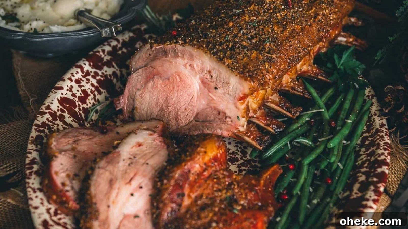Smoked pork roast with a dark crust sliced into thick pieces.