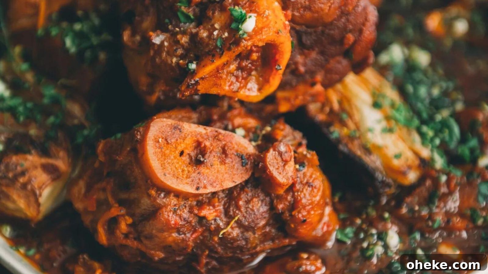 Pork shank osso buco cooked sous vide and served with rich sauce.