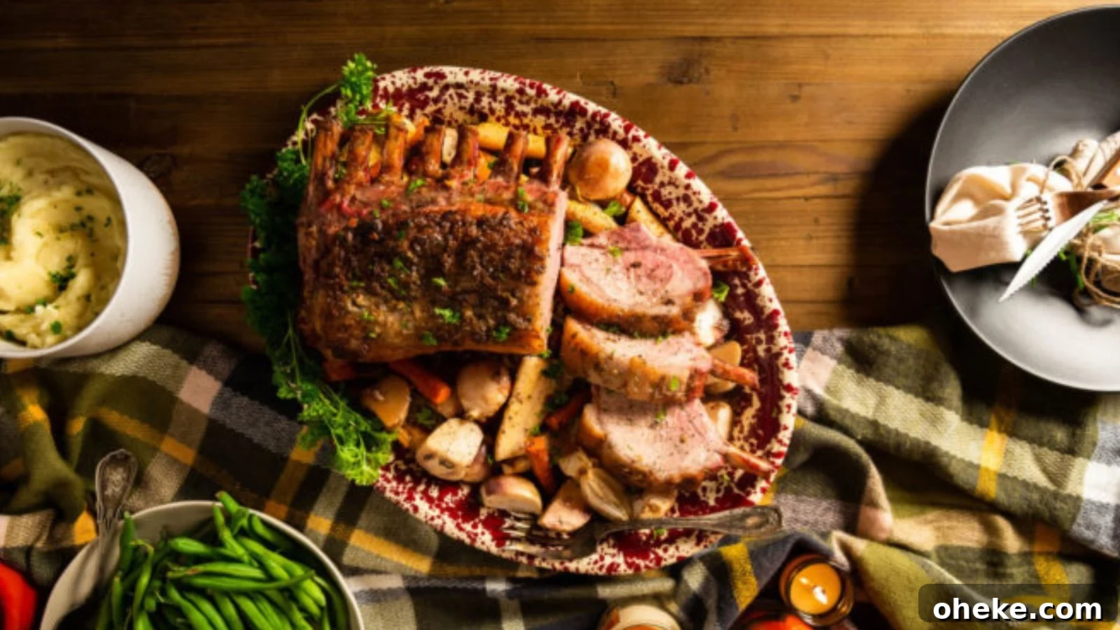 Roasted rack of pork with browned ribs arranged on a serving platter.