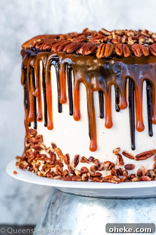 caramel pecan cake on a white plate
