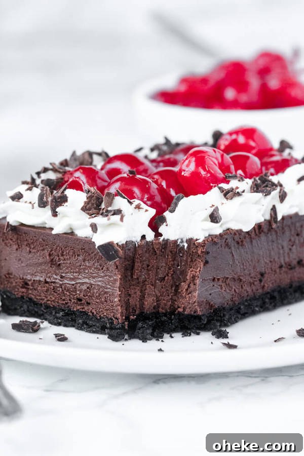 chocolate cheesecake bar topped with cherries on a white plate