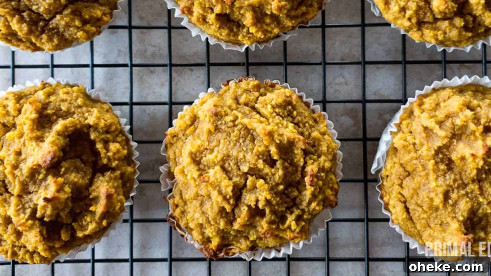 17 Comforting Recipes to Keep You Warm This Season 13 Six pumpkin muffins on a cooling rack with a grid pattern viewed from above.