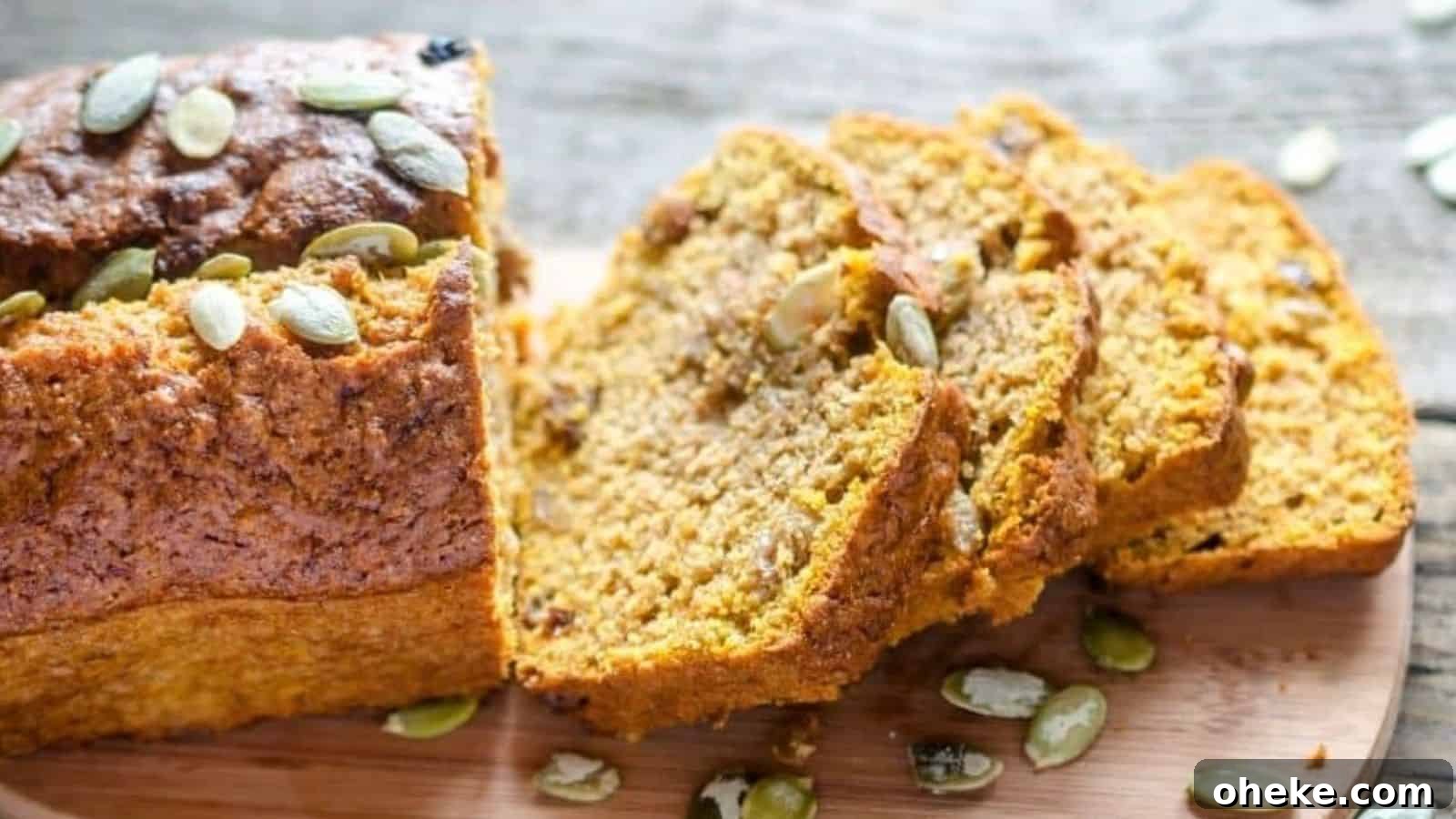 17 Comforting Recipes to Keep You Warm This Season 3 A loaf of pumpkin bread partially sliced on a wooden surface, with visible pumpkin seeds on top and inside the bread slices.