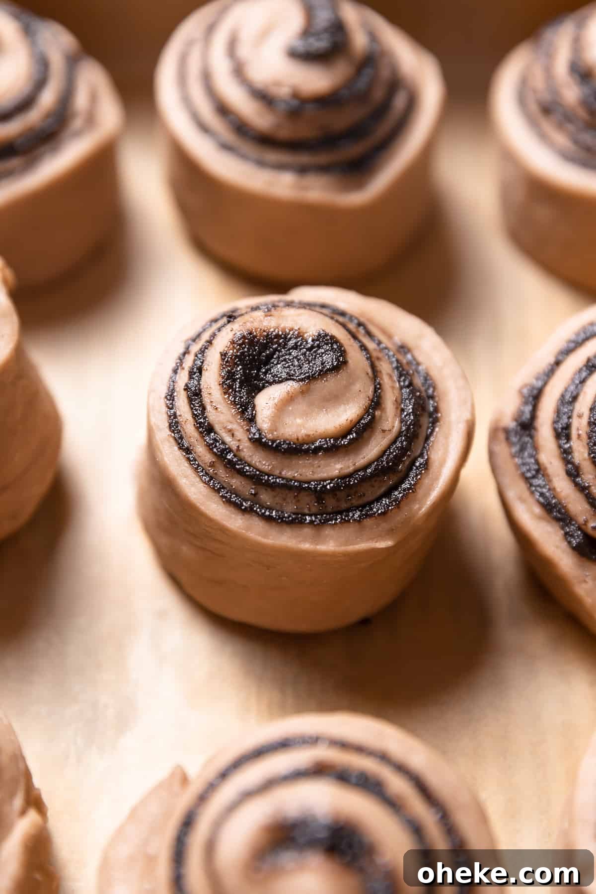 Cookies and Cream Cinnamon Rolls Recipe for Dessert Lovers 8 Cinnamon rolls in a baking pan before rising.