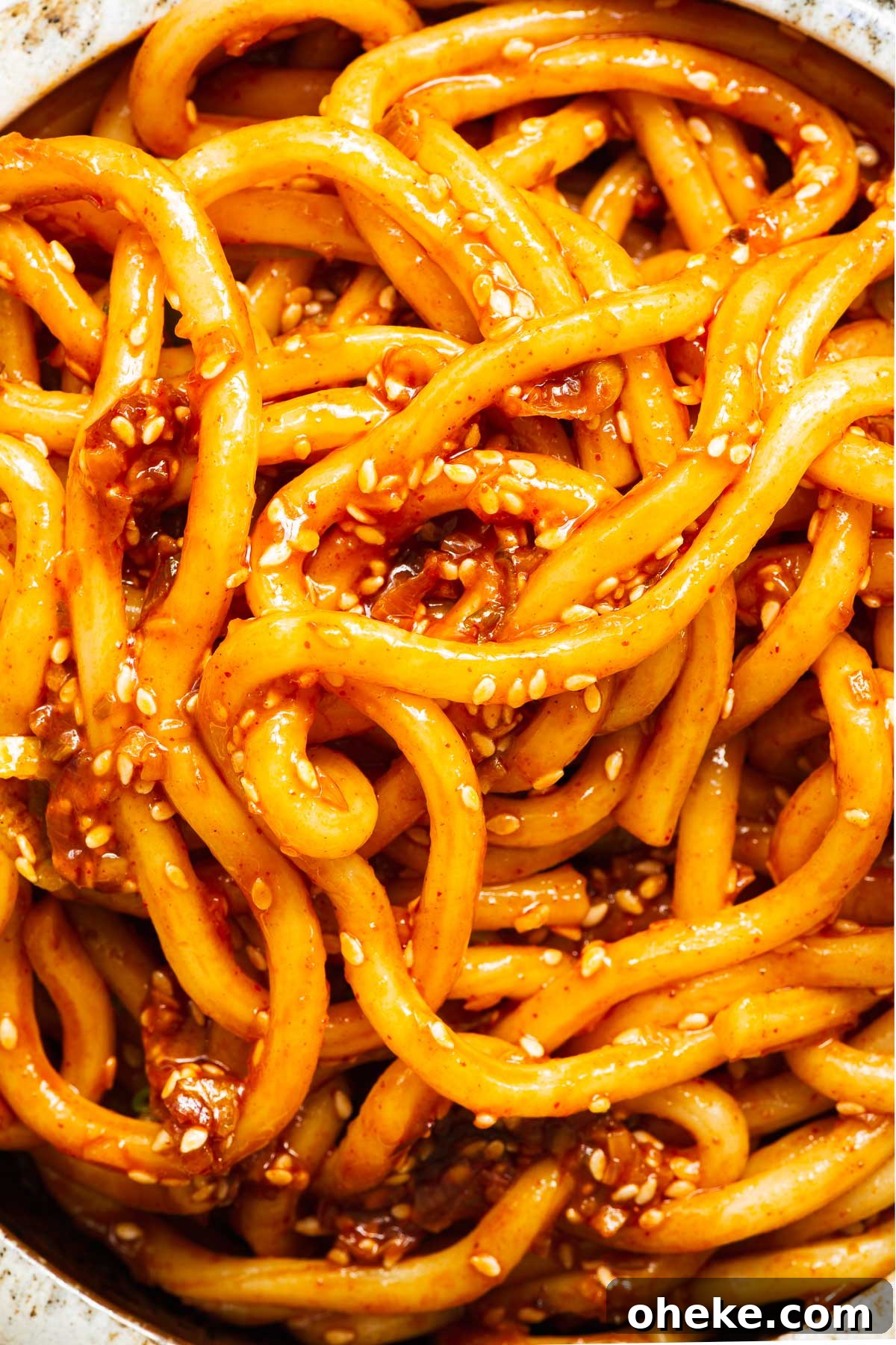 Spicy Gochujang Korean Noodles Recipe 11 A close-up of spicy Korean noodles.