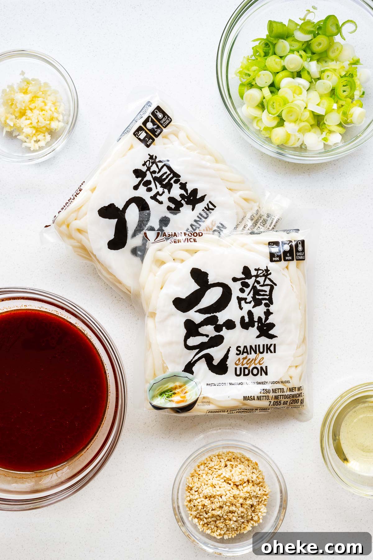 Spicy Gochujang Korean Noodles Recipe 3 Ingredients for gochujang noodles arranged on a kitchen counter.