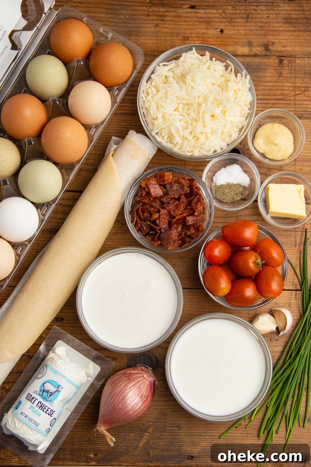 This is a picture of all the ingredients needed to make this quiche recipe.
