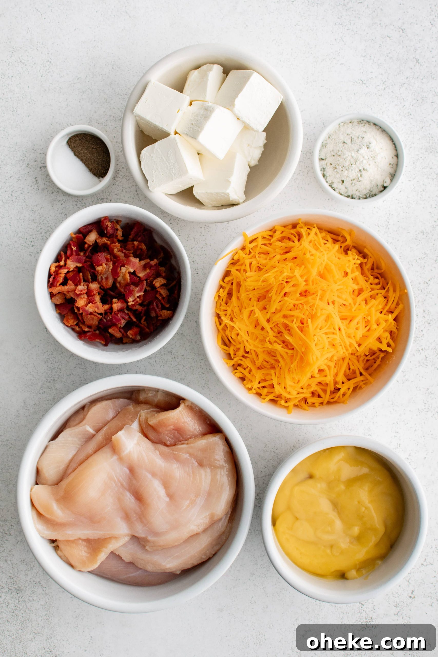 Ingredients in Crack Chicken Recipe in individual measuring cups and ramekins.