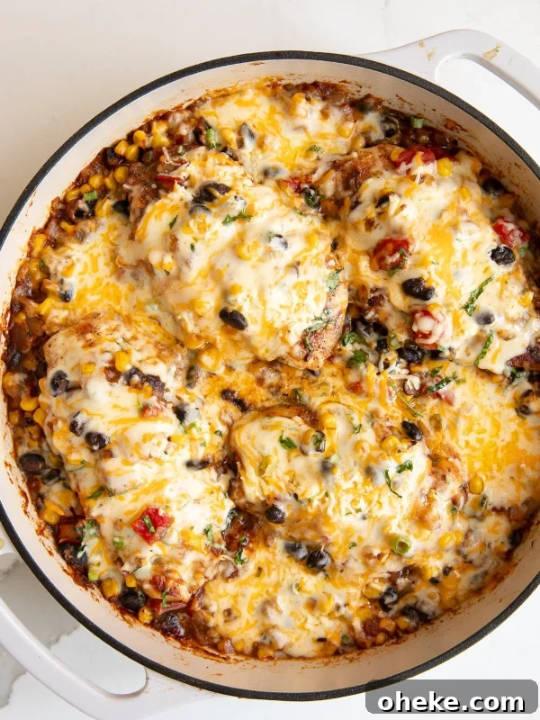 Skillet filled with thinly sliced chicken breasts cooked with onions, black beans, tomatoes, and corn, topped with melted cheese.