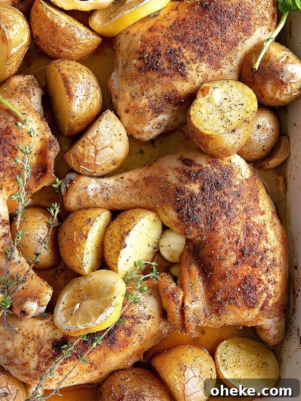 Baking pan filled with golden crispy roasted chicken legs with potatoes and garlic.