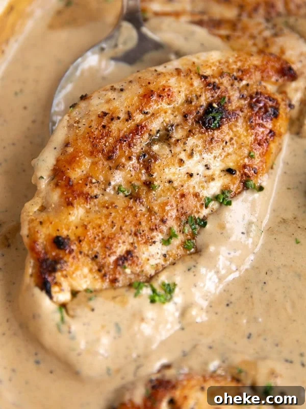 Spoon lifting juicy pan-seared chicken breast from thick, creamy ranch gravy.