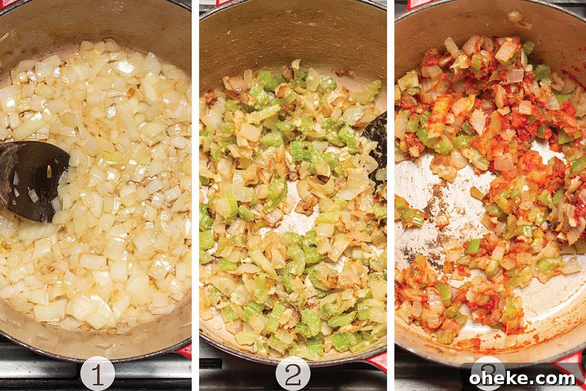 A Dutch Oven sautéing onions, celery, and tomato paste.