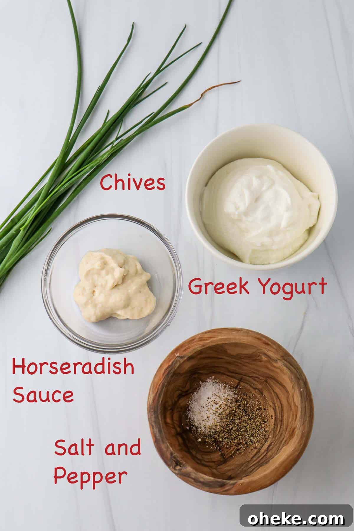 Creamy Horseradish Yogurt Sauce With 3 Simple Ingredients 3 Labeled ingredients for Horseradish Yogurt Sauce.