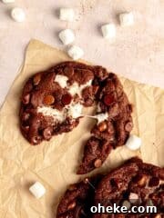 Chocolate cookie broken in half with marshmallow middle