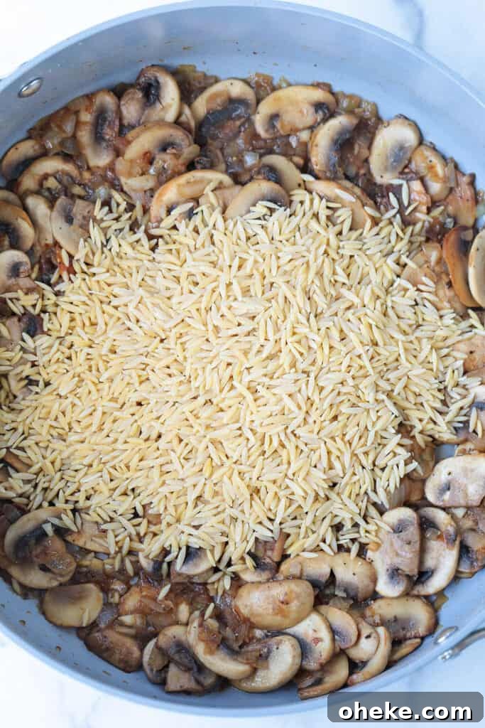 mushrooms in skillet with uncooked orzo