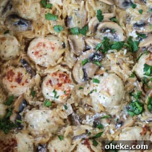skillet with mushroom orzo and chicken meatballs