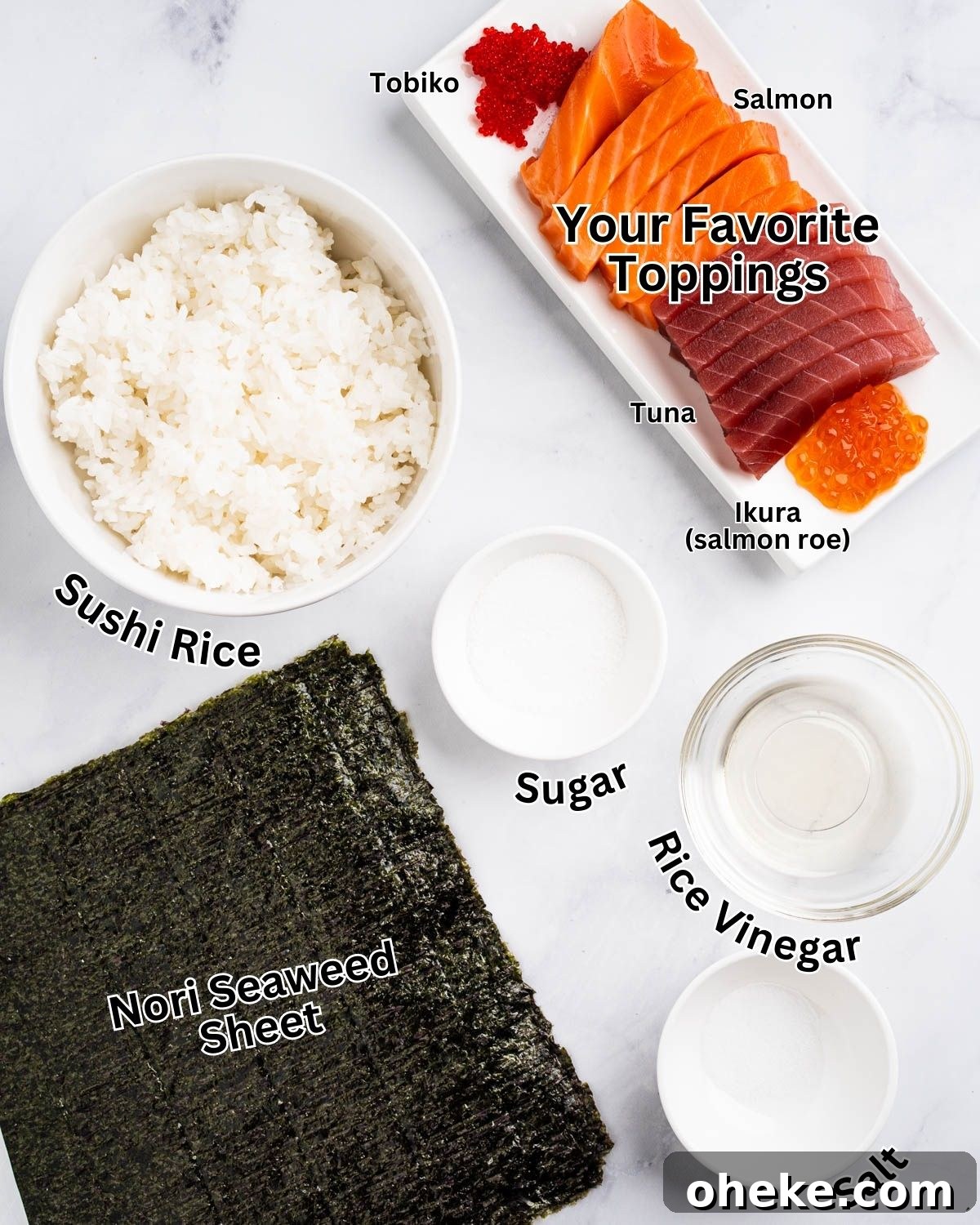 How to Make Gunkan Sushi: Step-by-Step Recipe and Tips 3 Ingredients needed for Gunkan: Nori seaweed sheets, sushi rice, rice vinegar, sugar, salt, and your favorite toppings. Sliced salmon, tuna, tobiko, and ikura on a plate.