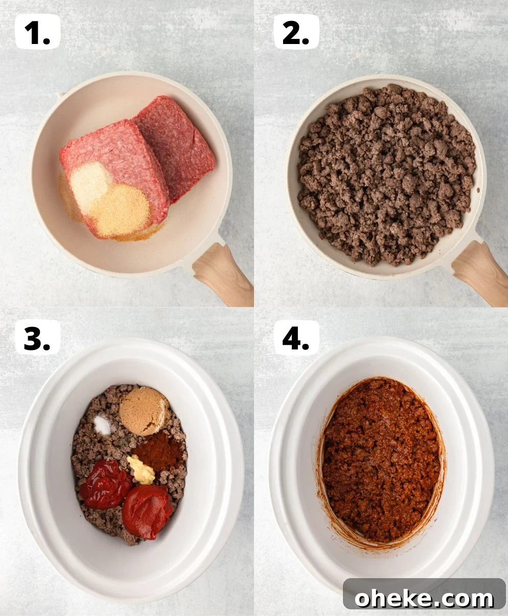 Slow Cooker Sloppy Joes Recipe for Tender, Flavorful Sandwiches 4 Step-by-step images: 1. Raw ground beef with seasonings in a pan. 2. Cooked ground beef in a pan. 3. Cooked beef with sauces and spices in a slow cooker. 4. Fully cooked chili in the slow cooker.