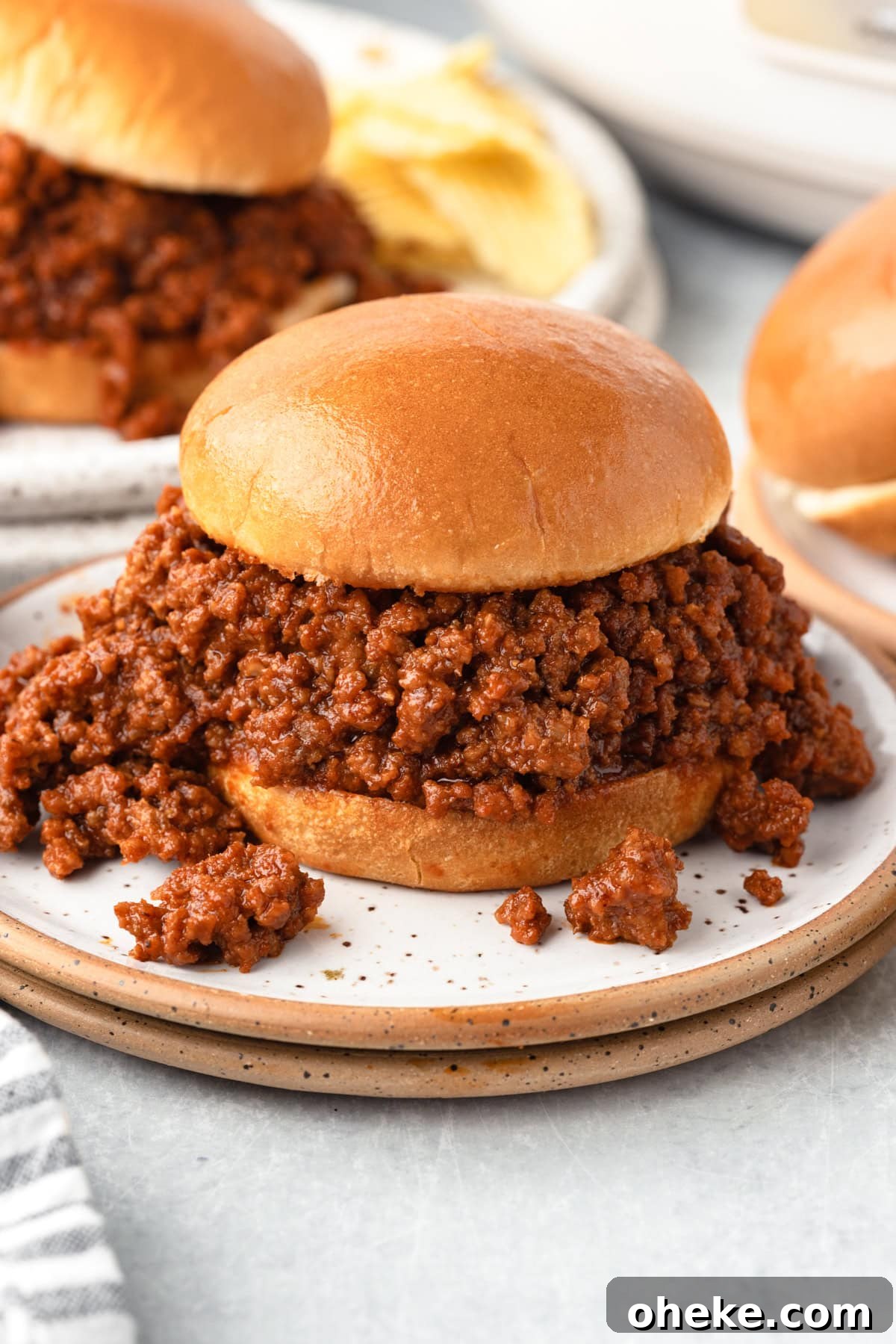 Slow Cooker Sloppy Joes Recipe for Tender, Flavorful Sandwiches 8 A sloppy joe sandwich with a generous serving of saucy ground beef filling on a soft bun, placed on a white plate with chips and another sandwich in the background.