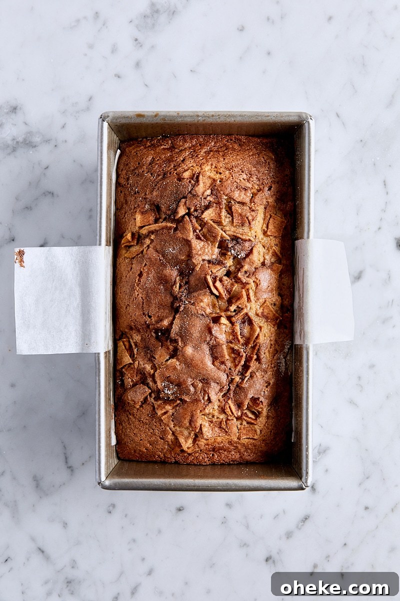 Spiced Apple Fritter Loaf: Cinnamon Apple Bread Recipe 15 Baked apple fritter bread in parchment-lined loaf pan