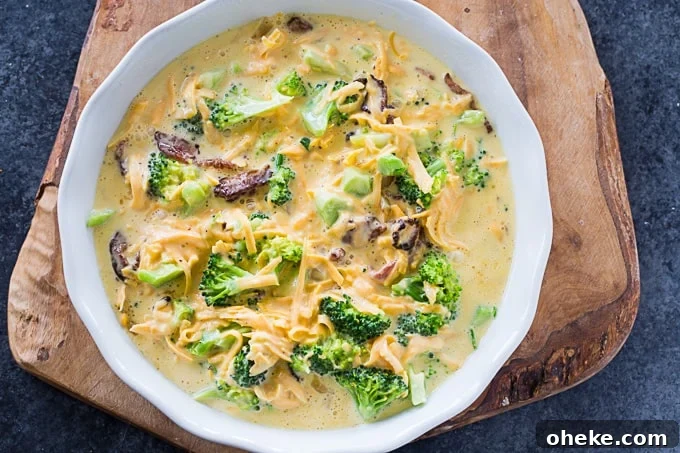 Crustless Broccoli and Cheddar Quiche - Low Carb Recipe 5 Crustless Broccoli Cheddar Quiche (Low Carb) before baking