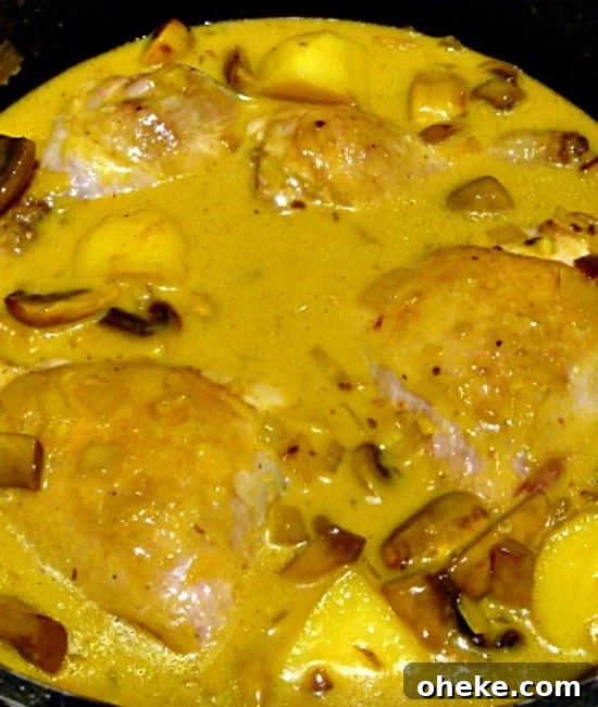 Cheats Malaysian Coconut Chicken and Potato Curry, simmering