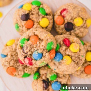 Apple Cinnamon Instant Oatmeal Cookies Recipe — Quick Baked Treat 9 a plate of oatmeal cookies with M&M's