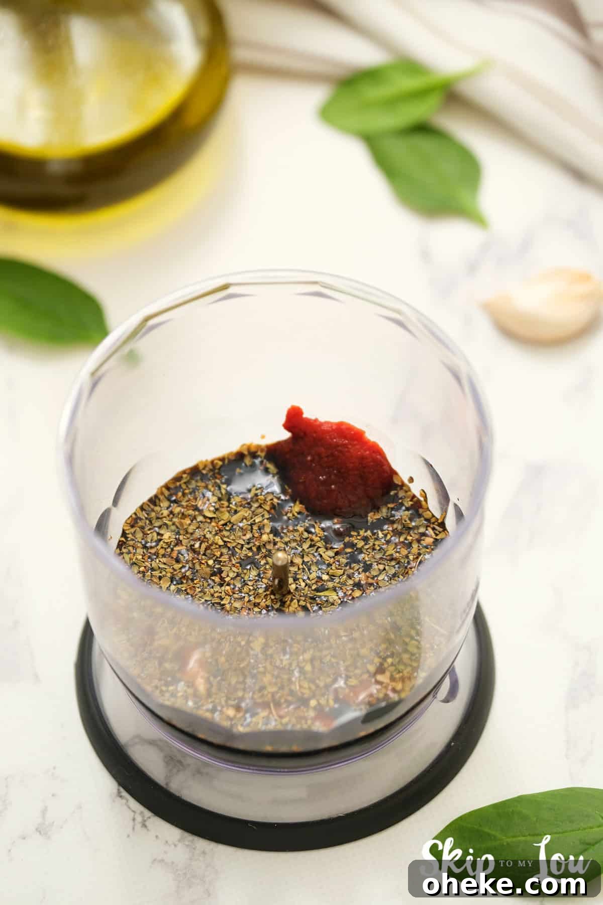 step one to make tortellini salad put ingredients in food processor or blender