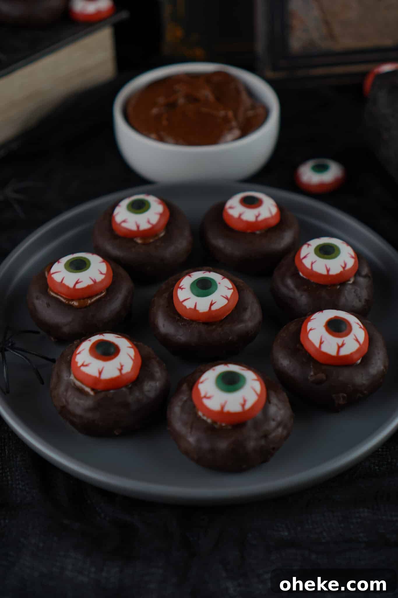 overhead view of plate of mini eyeball donuts