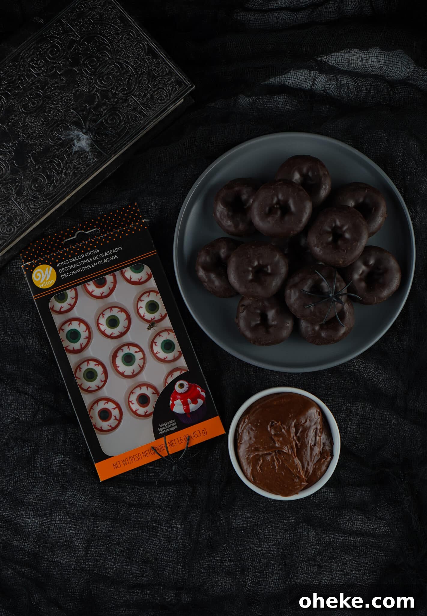 overhead view of ingredients needed to make mini eyeball donuts