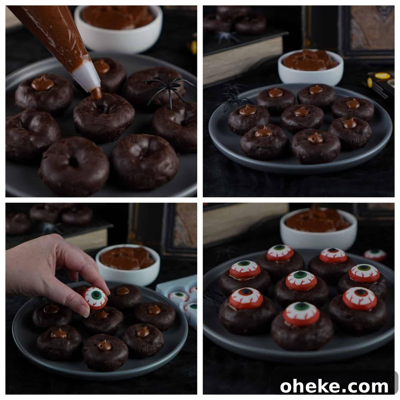 collage showing step by step how to make mini eyeball donuts